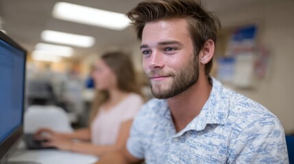 Fototapeta premium Young man with beard working on computer in office female colleague in background