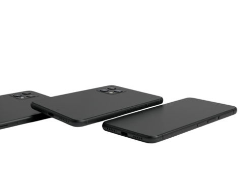 Three dark gray smartphone cases arranged in a row on a black surface isolated on transparent background