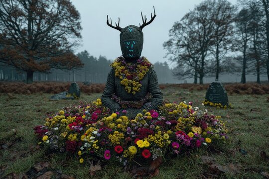 Stone figure with antlers, floral wreath, in a cemetery - Powered by Adobe