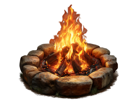 Campfire burning brightly in stone ring at night, Isolated On Transparent Background, Png, Cut Out