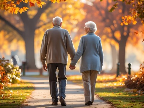 Elderly couple holding hands walking down a park path surrounded by vibrant autumn foliage and trees