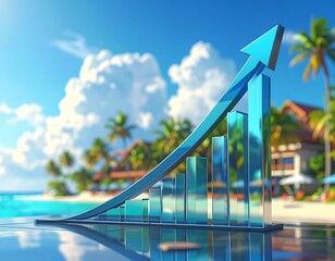 3D upward trend graph with blurred beach resort background