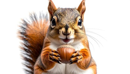 Adorable squirrel holding an acorn with curious expression isolated on white backdrop