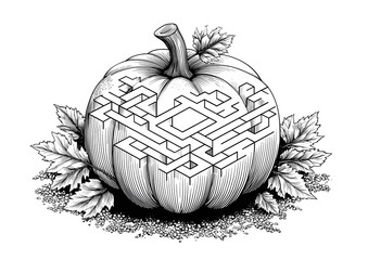 Thanksgiving black and white maze for children. Autumn or Halloween holiday line printable activity. Fall geometric outline labyrinth game or puzzle shaped like pumpkin. Harvest themed page for kids.