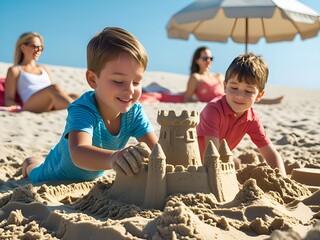 Two happy young boys building a sandcastle together on a sunny beach with parents relaxing in the background