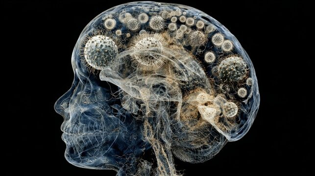 Ghostly double-exposure of a human brain with decaying viral particles and zombie-cell shadows.
