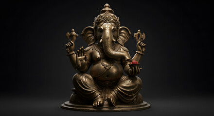 A bronze statue of the Hindu deity Ganesha, depicted in a seated pose, against a dark background.