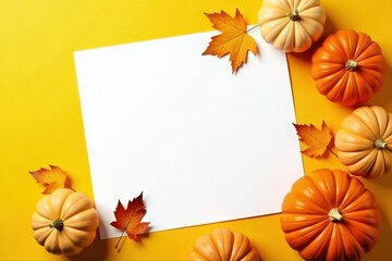 Crisp white sheet, vibrant yellow backdrop, autumn leaves & pumpkins , cozy, stock