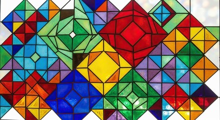 Colorful stained glass pattern of geometric shapes.