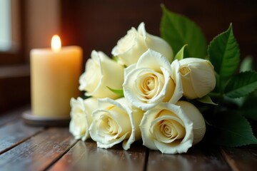 Obraz premium Elegant white rose bouquet, flickering candlelight, peaceful setting , candlelight, spiritual, flowers