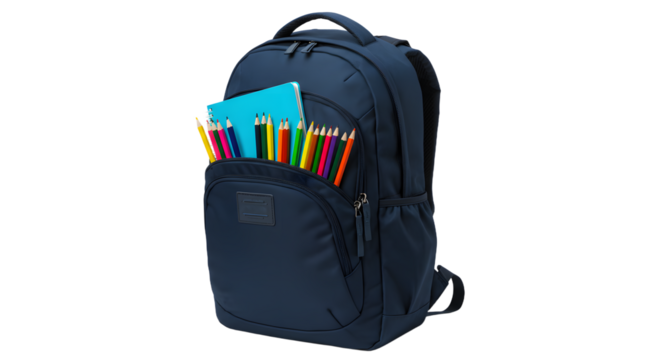 Blue school backpack filled with colorful pencils and notebooks, isolated on white background, perfect for back to school and education