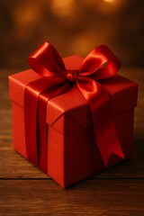 Obraz premium A vibrant red gift box adorned with a silky ribbon sits on a rustic wooden surface, glowing softly.