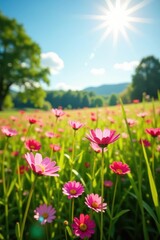Obraz premium Sun-drenched field, vibrant pink wildflowers sway gently in breeze, countryside, delicate