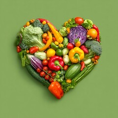 Heart-Shaped Arrangement of Fresh Vegetables on Green Background