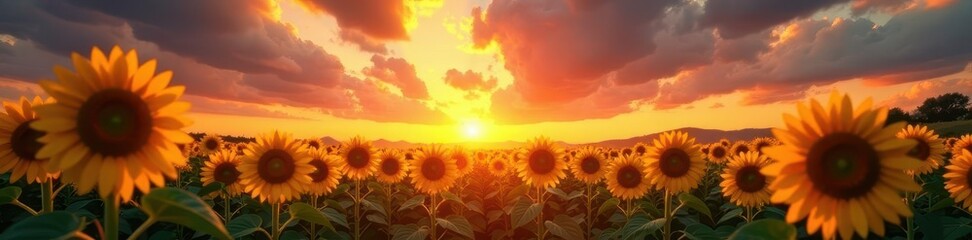 Fototapeta premium Sunflowers stretching towards a dramatic sunset sky, bloom, colors