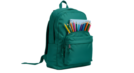 Green backpack filled with colorful pencils and pens on a white background, perfect for school or office use