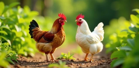 Fototapeta premium Two chickens, one brown one white, enjoy farm path , walk, birds, path