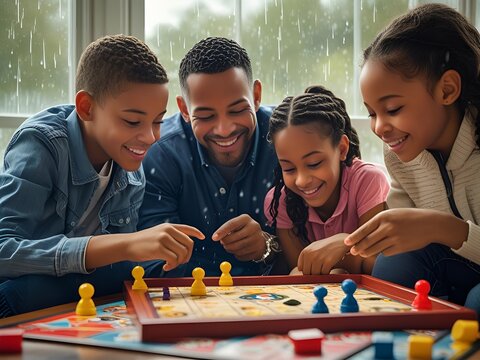 Smiling african american family enjoying a fun board game together indoors on a bright day - Powered by Adobe