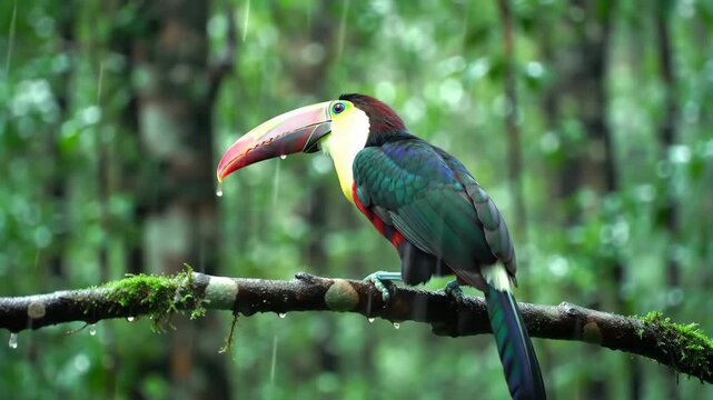 Chestnut-eared Ara&ccedil;ari in Rainforest Rain