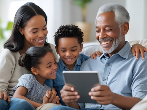 Happy multi generational african american family enjoying a tablet together on the couch - Powered by Adobe