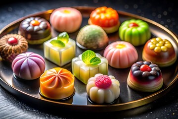 Exquisite assortment of colorful and delicate japanese wagashi sweets on a dark platter