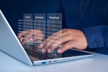 SaaS pricing plan, comparison subscription, tiers, starter, business, premium, technology, Clear...