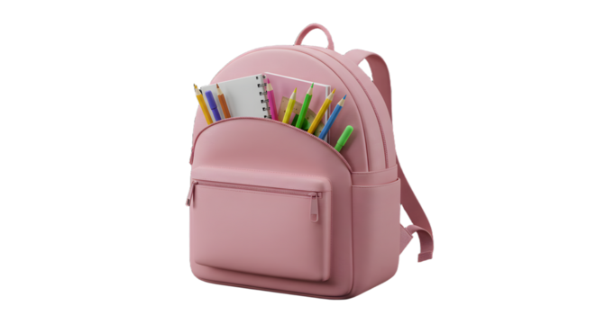 Pink backpack filled with colorful pencils and notebooks isolated on white background, perfect for school and study use - Powered by Adobe