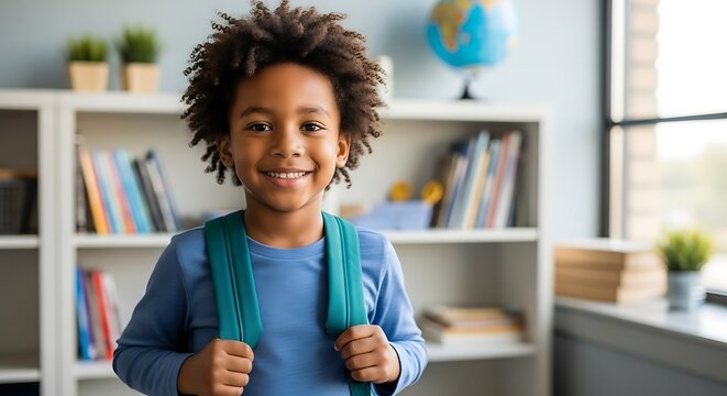 Happy young boy with backpack ready for school in a classroom setting