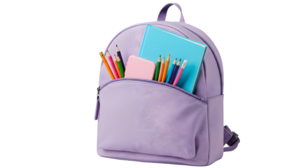 Purple backpack filled with colorful school supplies including notebooks and pencils, isolated on white background, perfect for back to school