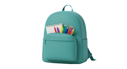 Teal backpack with school supplies including pencils and notebook isolated on white background, perfect for back to school and education themes