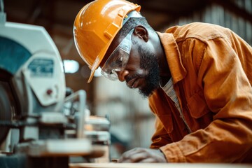 African American man in safety gear using electric sanders in a wood workshop Male carpenter in the lumber sector