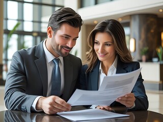 Professional man and woman in business attire collaborating over documents in a bright modern office setting