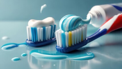 Freshness in Motion: Striped Toothpaste Swirls onto a Blue and Yellow Toothbrush