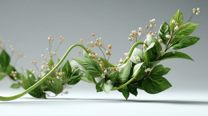 Elegant Close-Up of 3D Green Trend Line with Leaves and Flowers