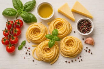 Authentic Italian cooking ingredients with hand-rolled pasta and fresh herbs on pristine white oak creating artisanal culinary education content