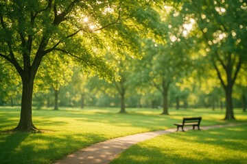 Dappled sunlight filtering through park trees creating natural bokeh atmosphere for outdoor recreation and environmental wellness content marketing
