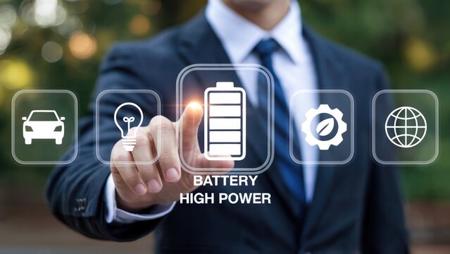 Man in suit selects high power battery icon, symbolizing innovation, electric cars, and global solutions
