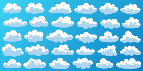 Cute big set of cartoon cloud. Flat design collection of white cartoon clouds. A simple set of cloud shapes for weather icons, childrens illustrations, comics and playful backgrounds.