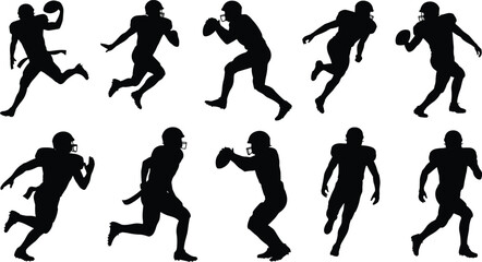 American football player silhouettes, running and passing poses, quarterback action, team sports concept, vector design, flat style illustration, athletes