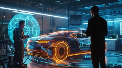 Flying Car designer in futuristic lab 3D model hologram 4K Videos - Powered by Adobe