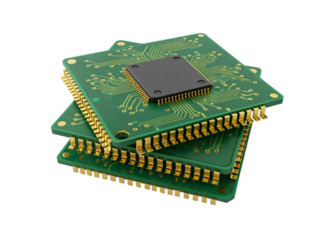 Stack of green printed circuit boards with a black microprocessor chip on top isolated on transparent background