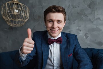 A young man in a blue suit white shirt and burgundy bow tie sits against a grey backdrop featuring a decorative metal lamp smiling with a thumbs up gesture