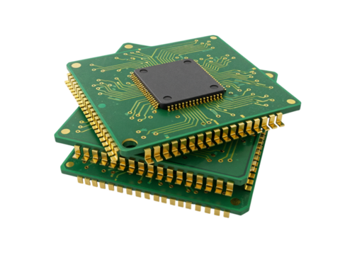 Stack of green printed circuit boards with a black microprocessor chip on top isolated on transparent background