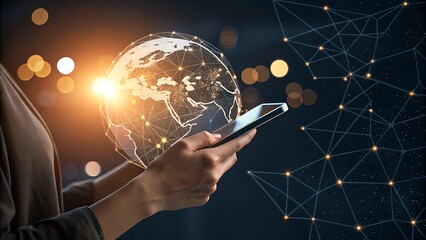 Woman using smartphone with digital global network connection and data transfer