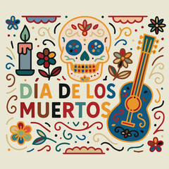 Bright and festive Dia de los Muertos vector background, showcasing vibrant colors, traditional patterns, and symbolic decorations like candles and skulls.

