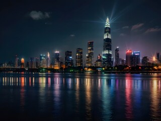 Obraz premium night, city, skyline, skyscraper, cityscape, building, downtown, water, architecture, urban, river, reflection, business, lights, hong kong, buildings, tower, harbor, singapore, dusk, panorama, hongko