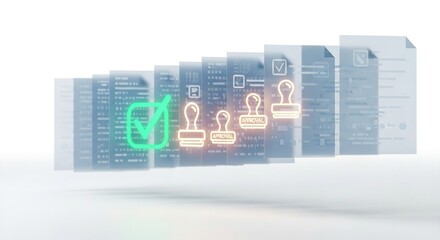 Transparent documents with approval stamps and checkmarks.