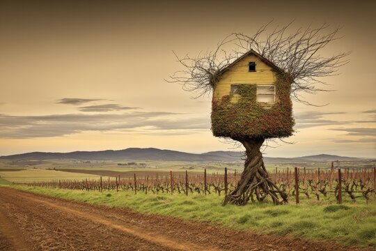 Yellow house atop a tree, overgrown with vines, amidst vineyards