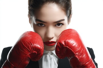 Young female boxer alone on white background