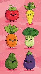 Fototapeta premium Cute Cartoon Vegetables with Happy Faces on Green Background